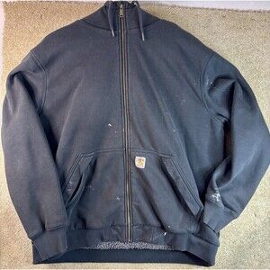 Carhartt Men’s XL Full Zip Sherpa Lined Hoodie Rain Defender Black Distressed